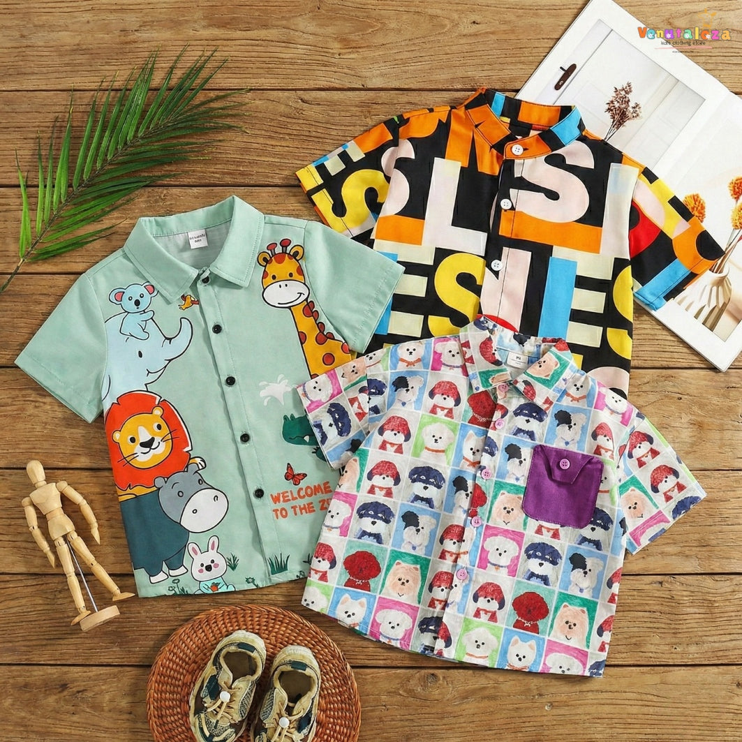 Venutaloza Boy's Animal & Letters Designer (Combo Pack Of 3) Shirt For Unisex.