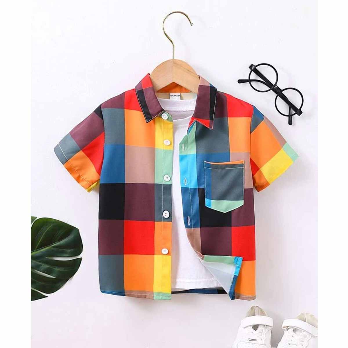Venutaloza Boy's London City & Floral and Plaid Patched Pocket Designer Button Front (Combo Pack Of 3) Shirt For Boy.