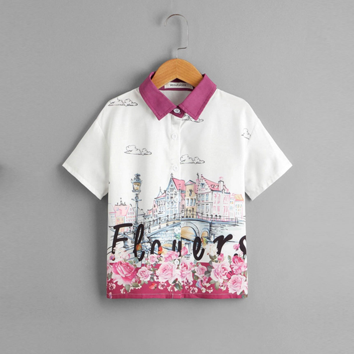 Venutaloza City Flowers Border Print Short Sleeve Shirt For Boys.