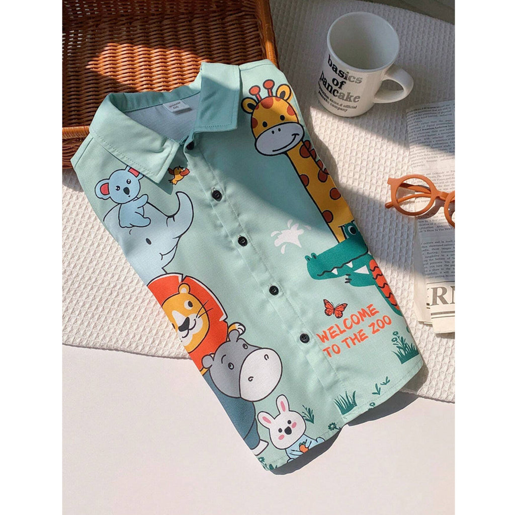 Venutaloza Animal Letters Turn Down Short Sleeve Stylish Shirt For Boys.
