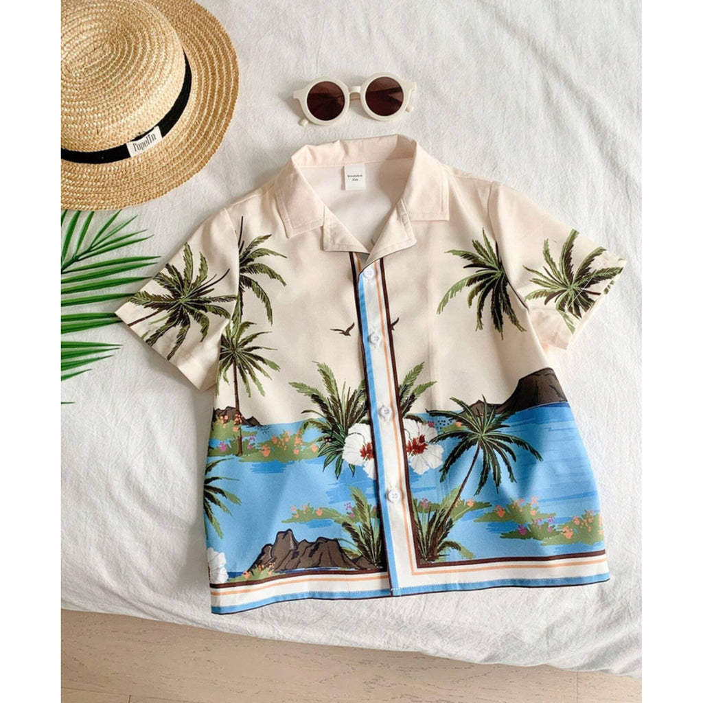 Baby Casual Short Sleeve Shirt With Oceanic Tropical Plant Coconut Trees For Boys.