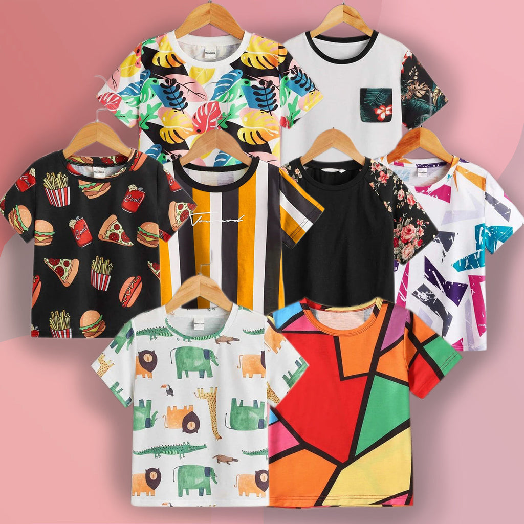 Venutaloza Boy's Half Sleeves Allover Colourful (COMBO PACK OF 8 ) T-shirt For Boy's & Girls.