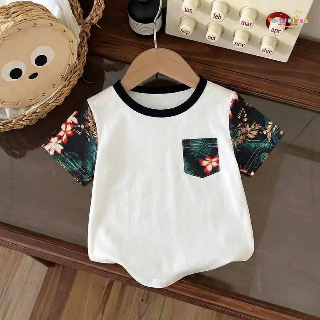 Venutaloza Toddler Boy's Tropical Print Panel Patch Pocket T-Shirt For Boy's & Girl's..