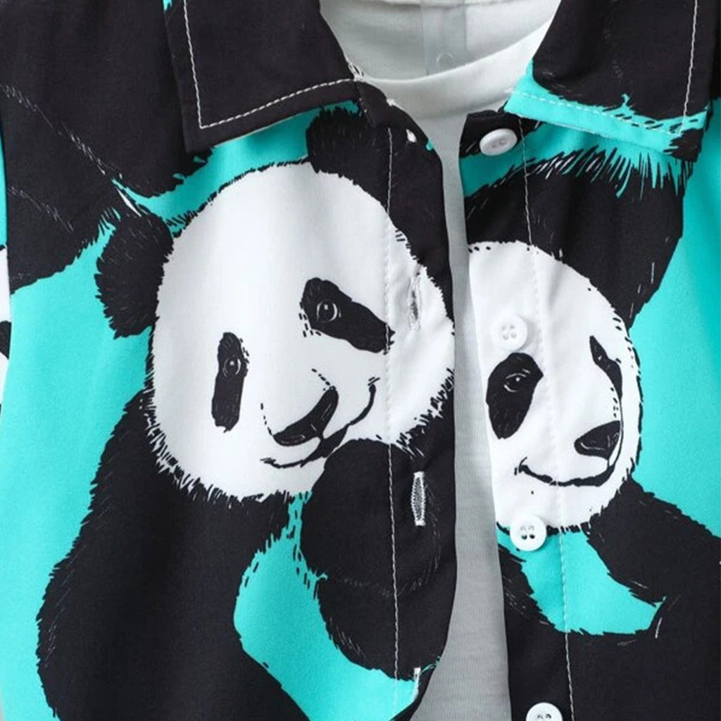 Venutaloza Kids Cartoon Panda Print Turn Down Collar Shirt & Shorts Without tee Two Piece Set.