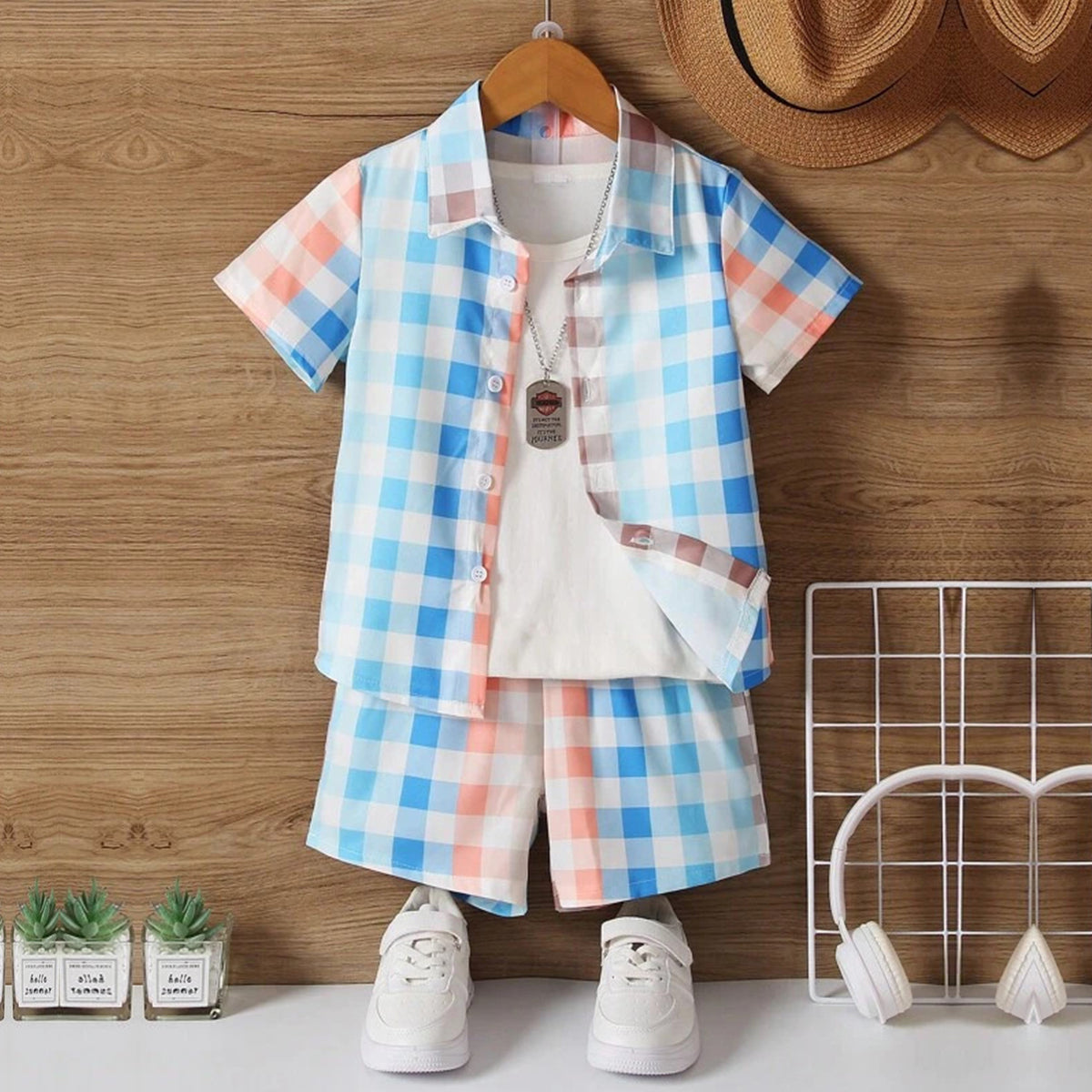 Venutaloza Kids Sunshine Plaid Turn Down Collar Shirt & Shorts Without tee Two Piece Set.