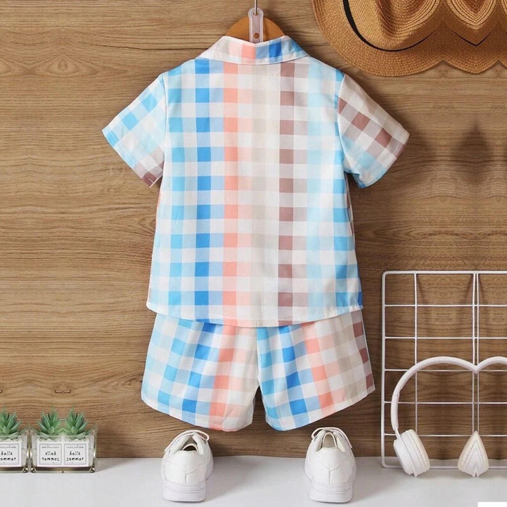 Venutaloza Kids Sunshine Plaid Turn Down Collar Shirt & Shorts Without tee Two Piece Set.