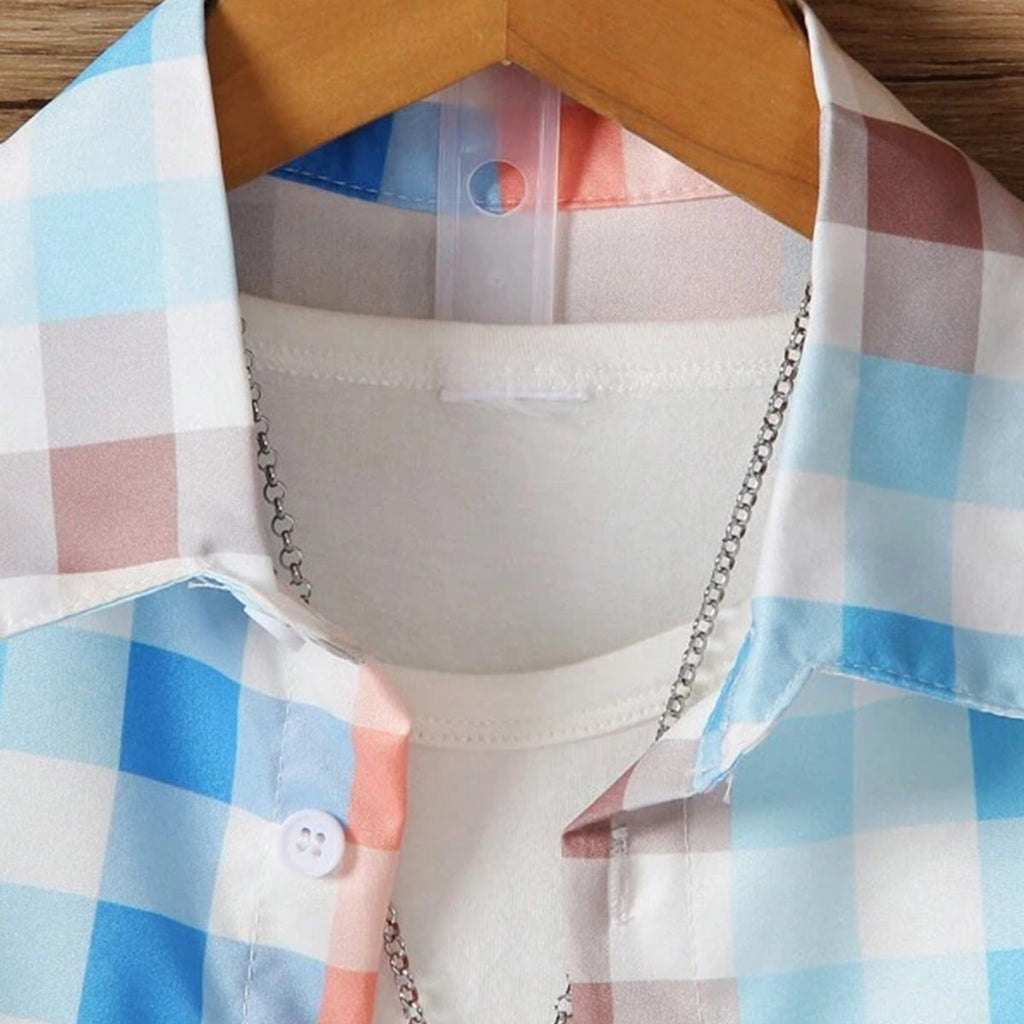 Venutaloza Kids Sunshine Plaid Turn Down Collar Shirt & Shorts Without tee Two Piece Set.