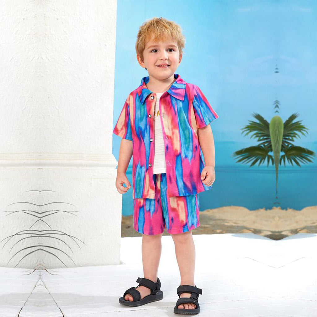 Venutaloza Kids 1pc Tie Dye Turn Down Collar Shirt & Shorts Without tee Two Piece Set.
