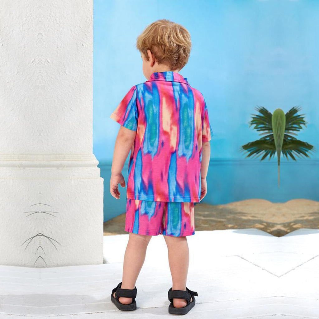 Venutaloza Kids 1pc Tie Dye Turn Down Collar Shirt & Shorts Without tee Two Piece Set.