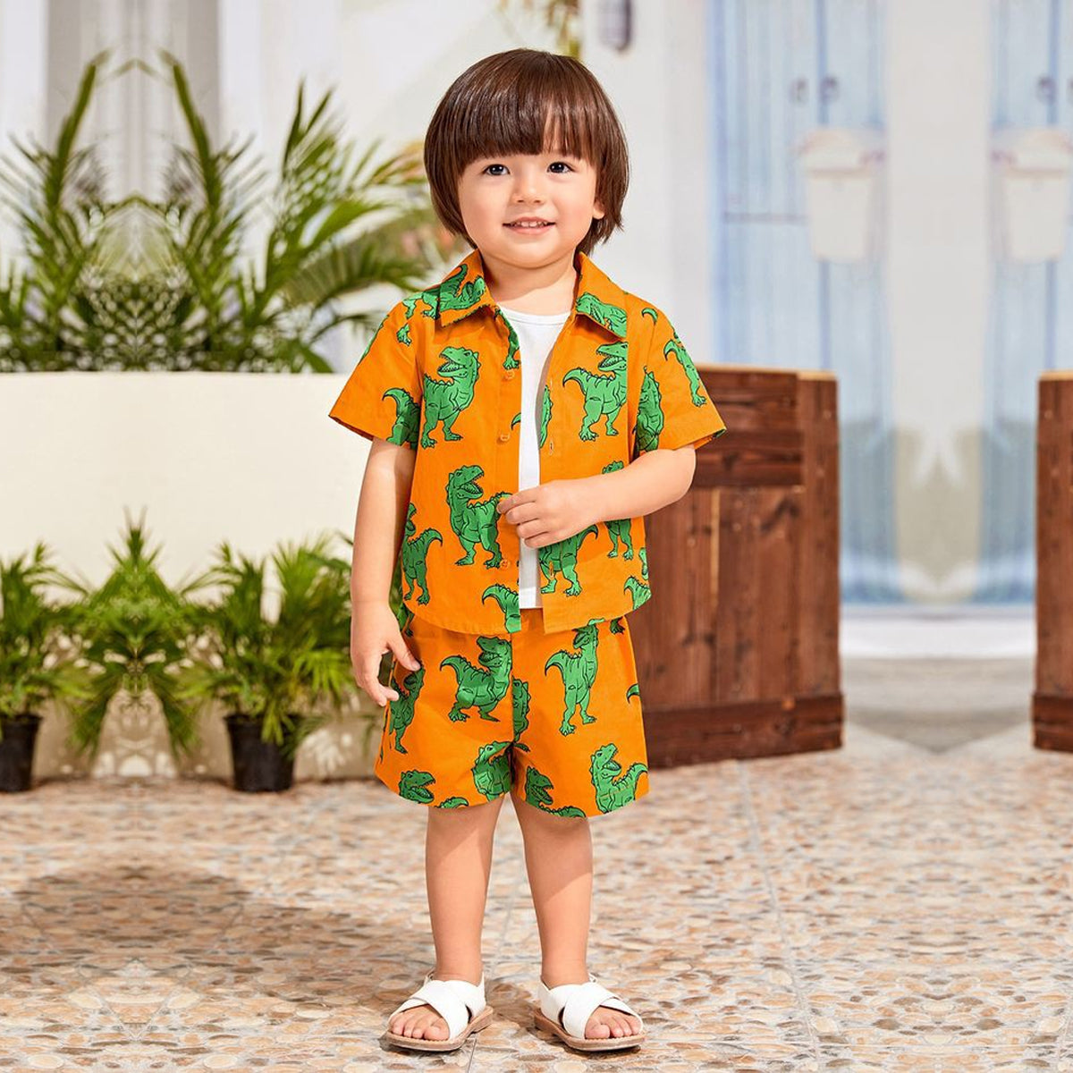 Venutaloza Toddler Boys Dinosaur Casual Printed Shirt & Shorts Without tee Two Piece Set.