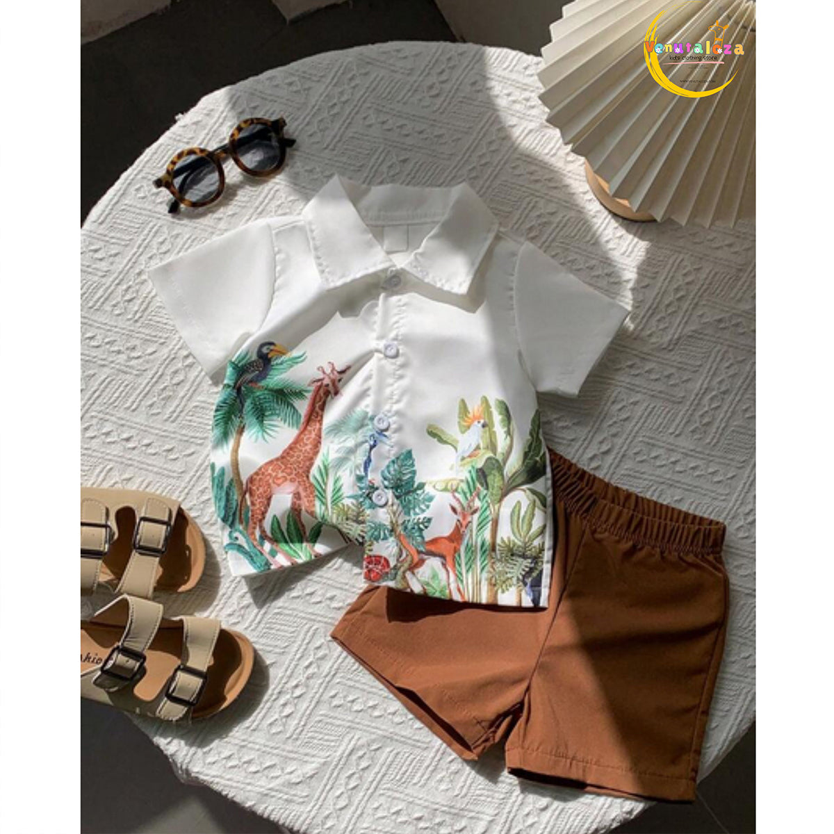 Boy's Animal Jungle Short Sleeve Shirt And Shorts Two Piece Set.