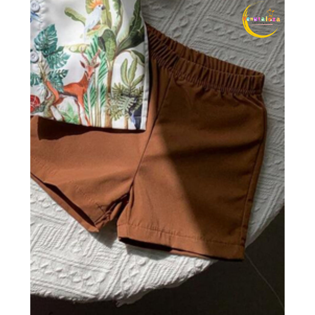 Boy's Animal Jungle Short Sleeve Shirt And Shorts Two Piece Set.