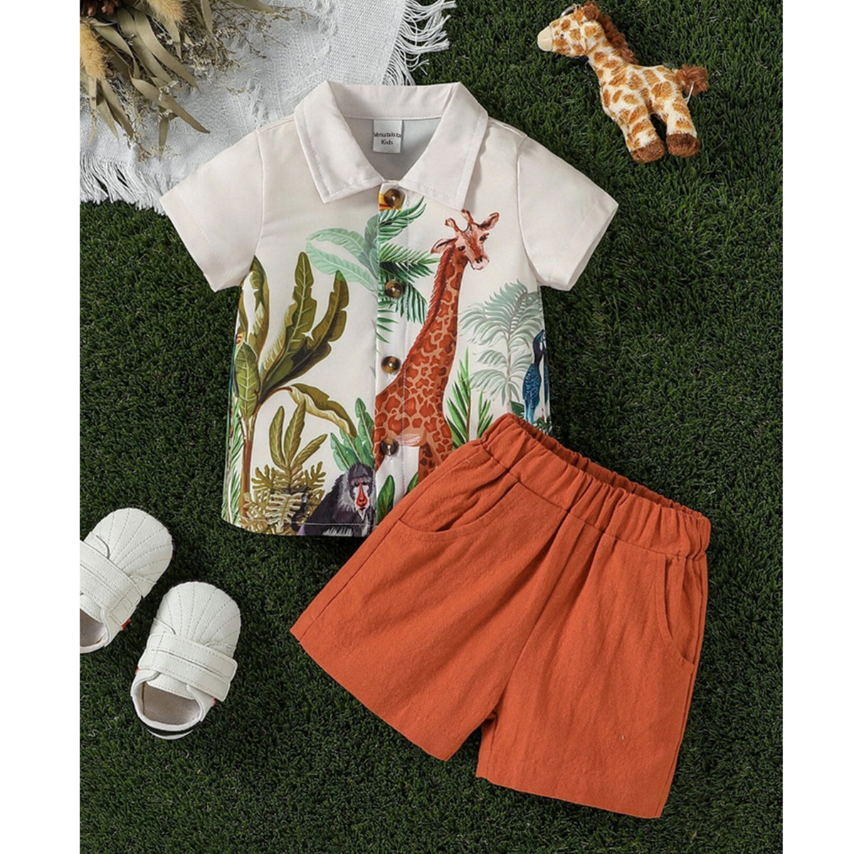 Venutaloza Baby Palm Tree & Animal Shirt And Shorts Two Piece Set.