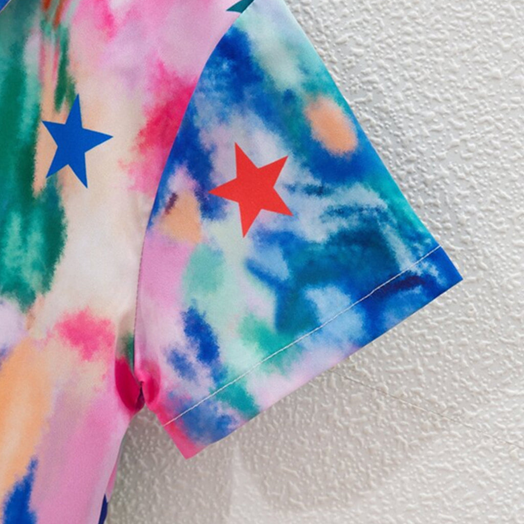 Venutaloza Kids Tie Dye Stars Printed Short Sleeve Shirt And Shorts Without tee Two Piece Set.