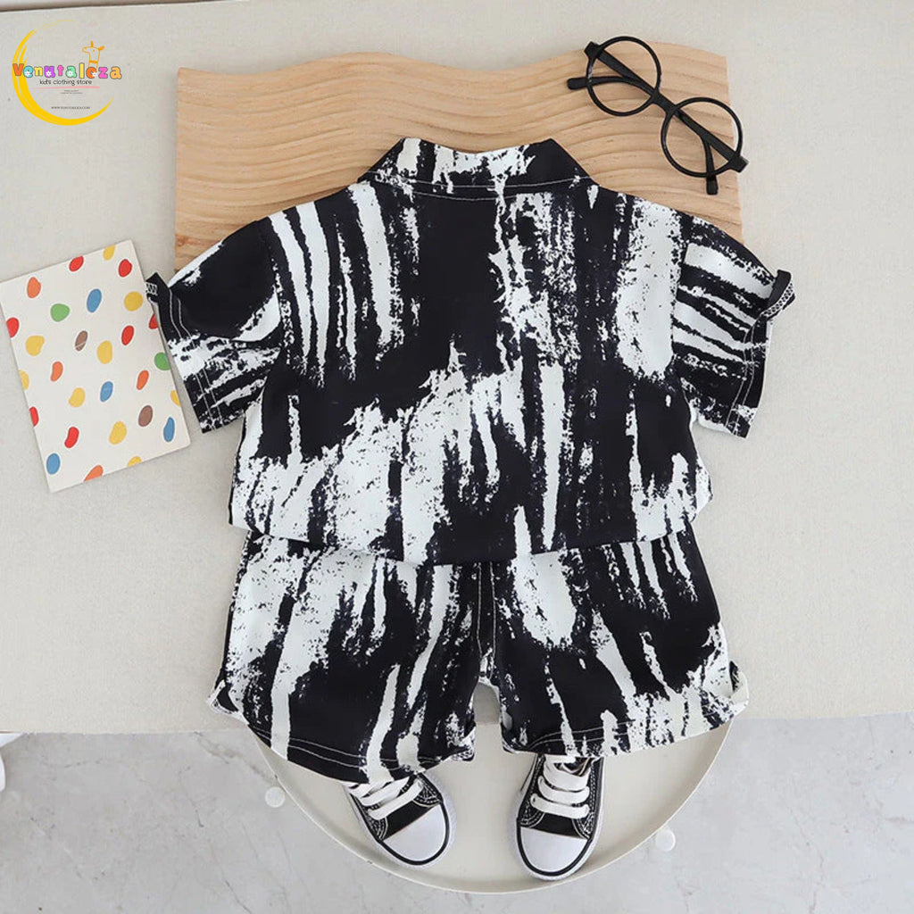 Venutaloza Baby Boy Brush Print Short Sleeve Shirt And Shorts Two Piece Set.