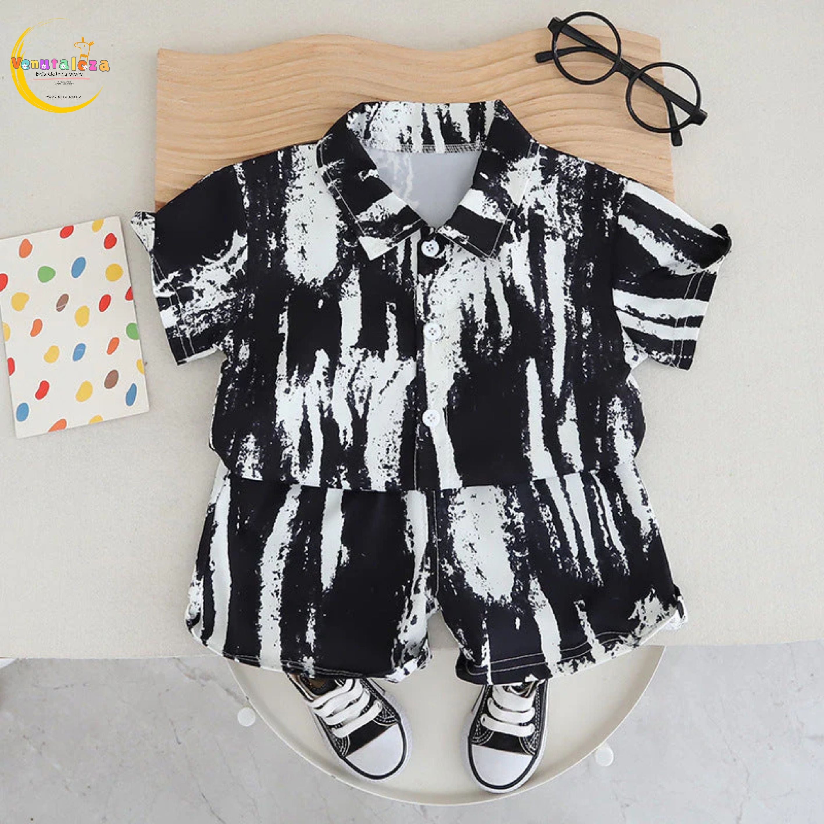 Venutaloza Baby Boy Brush Print Short Sleeve Shirt And Shorts Two Piece Set.