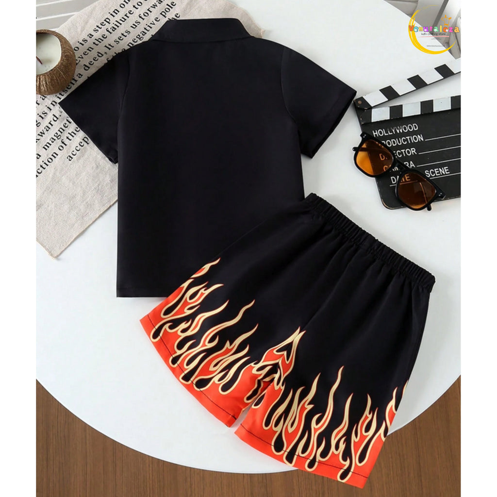 Baby Flame Fire Button Fly Shirt And Shorts Set For Boys.