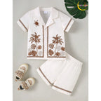 Boys Two-Piece Set Coconut Tree Collar Shirt and Comfortable Shorts, for Outdoor.