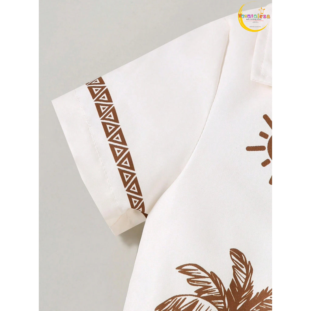 Boys Two-Piece Set Coconut Tree Collar Shirt and Comfortable Shorts, for Outdoor.
