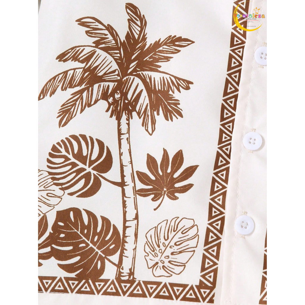 Boys Two-Piece Set Coconut Tree Collar Shirt and Comfortable Shorts, for Outdoor.