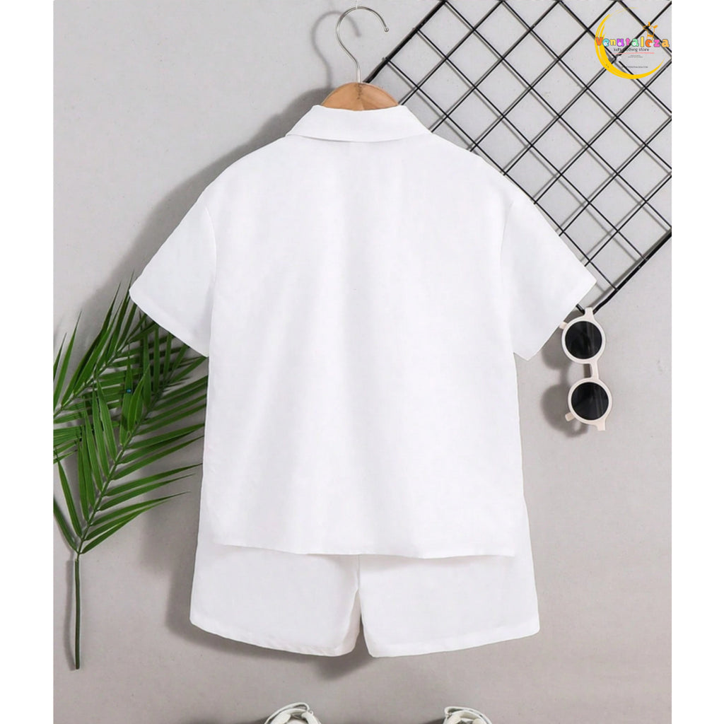 Baby Boy Fashion Breasted Plant Leaf Print Short Sleeve Two-Piece Set.