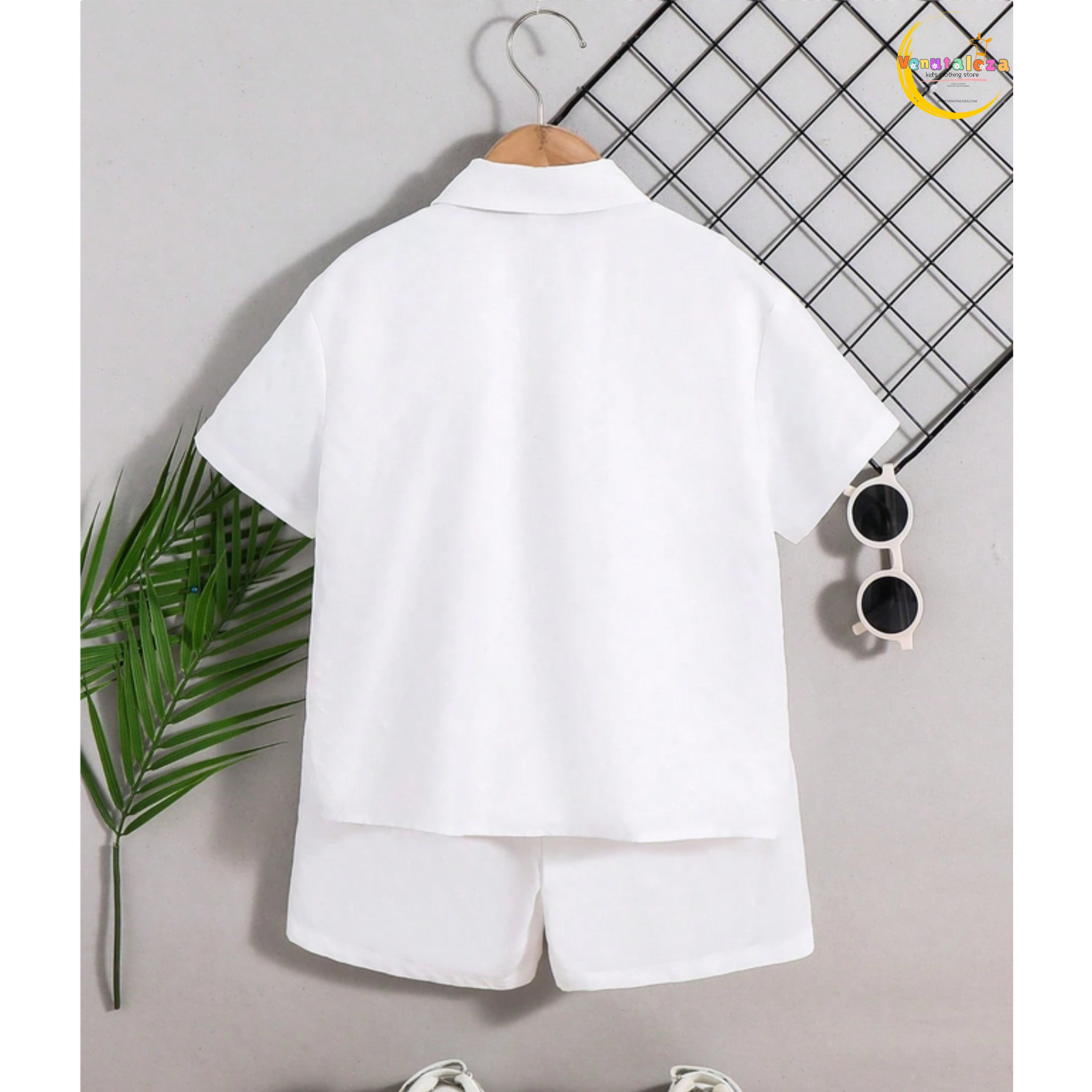 Baby Boy Fashion Breasted Plant Leaf Print Short Sleeve Two-Piece Set.