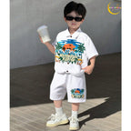 Venutaloza Tween Boy Coconut Palm Patched Detail Cotton Fabric Short Sleeve And Short For Vacation, School, Campus, College.