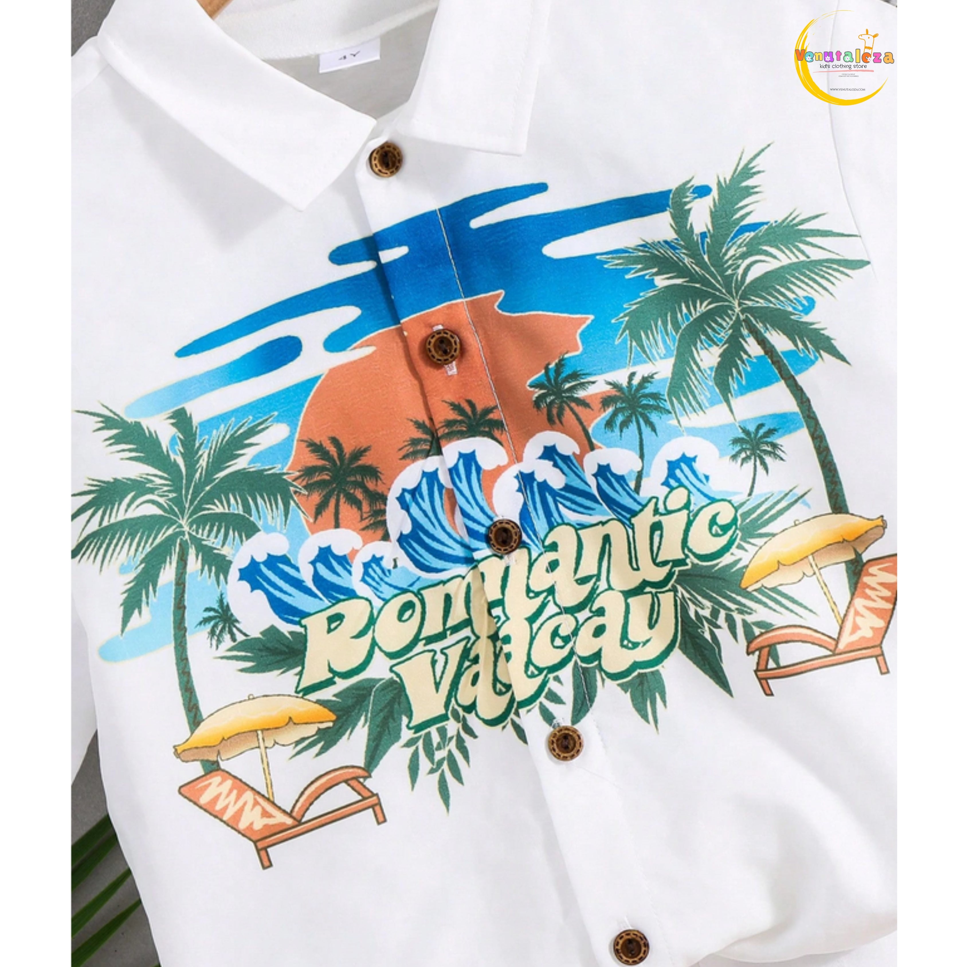 Baby Boy Fashion Breasted Plant Leaf Print Short Sleeve Two-Piece Set.