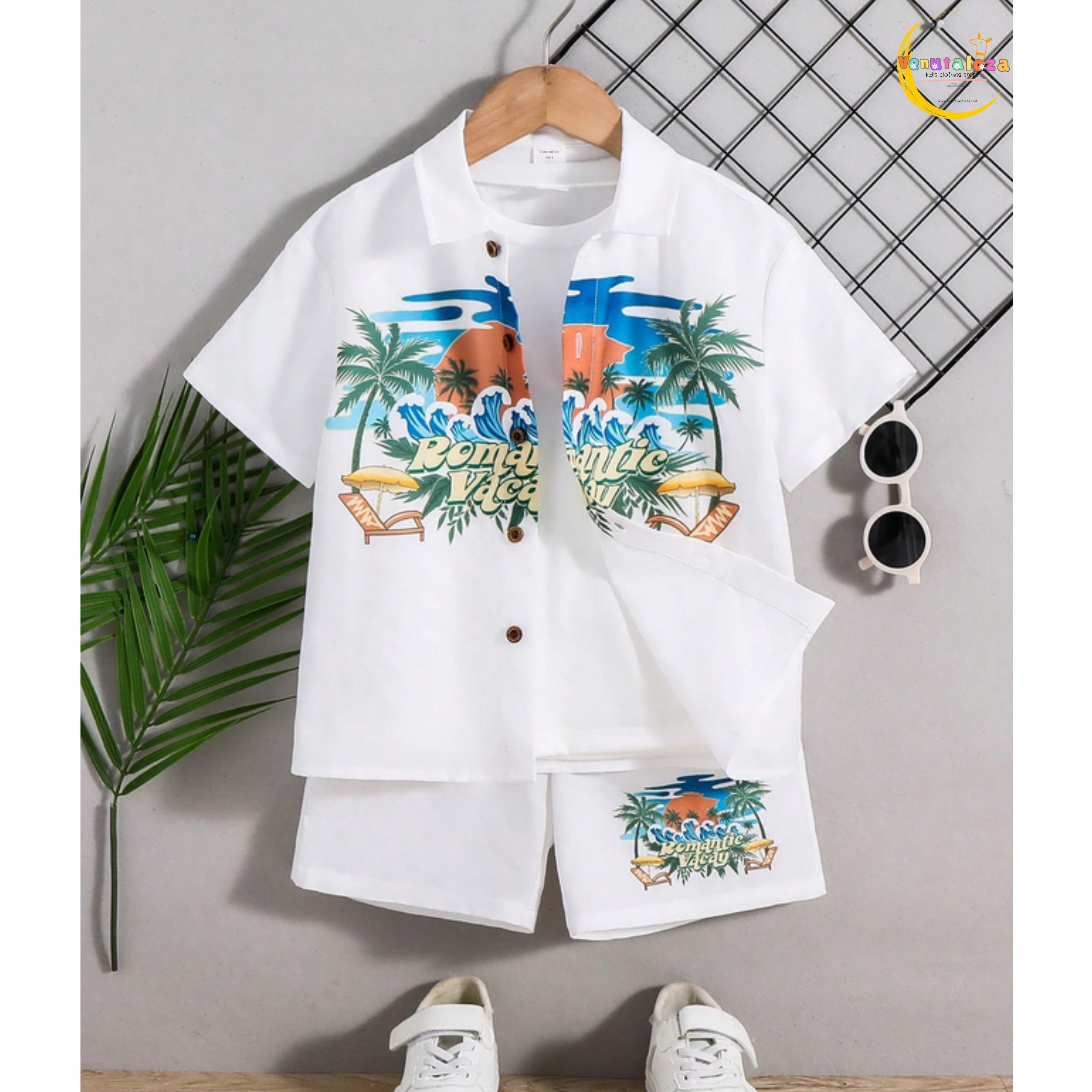 Baby Boy Fashion Breasted Plant Leaf Print Short Sleeve Two-Piece Set.