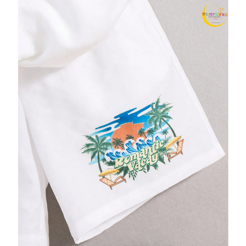Baby Boy Fashion Breasted Plant Leaf Print Short Sleeve Two-Piece Set.