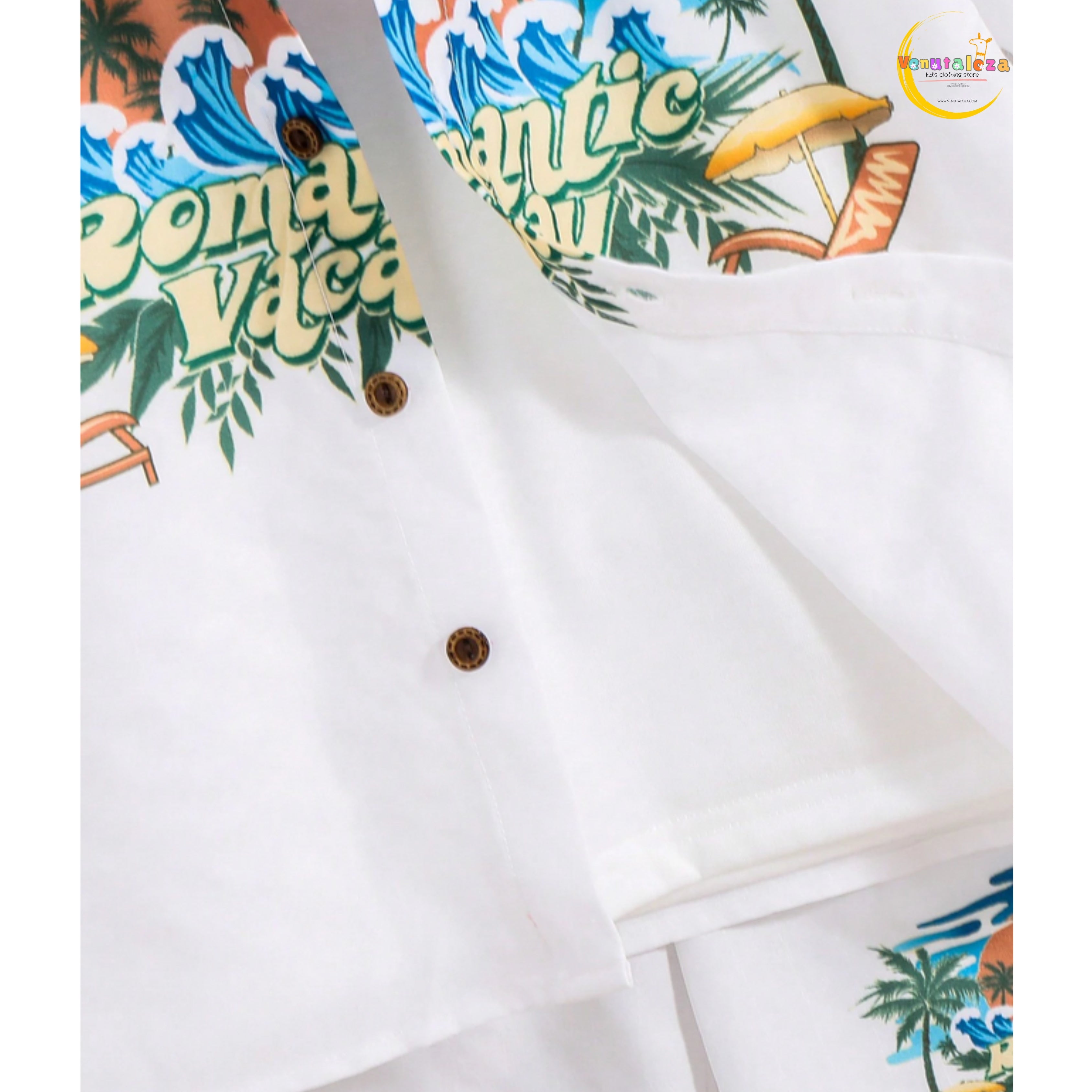 Baby Boy Fashion Breasted Plant Leaf Print Short Sleeve Two-Piece Set.