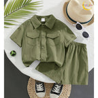 2pcs/Set Kids/Tween Boys' Casual Resort Style Polo Collar Pullover Short Sleeve Top & Loose Shorts Outfit.