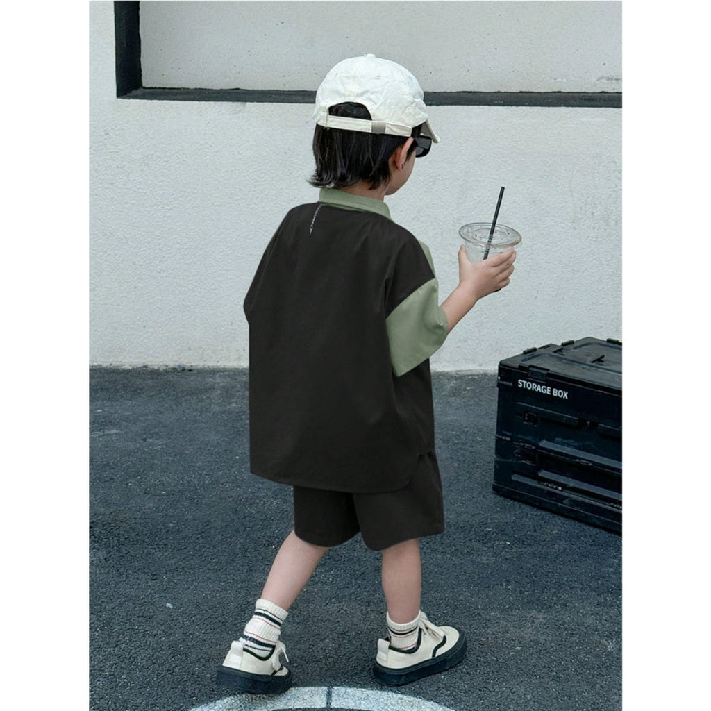 Venutaloza 2-Pc Kids Colourblocked Shirt with Shorts Two Piece Set.