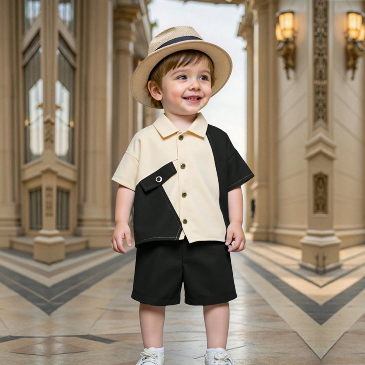 Venutaloza Baby Boy Colourblocked Shirt with Shorts Two Piece Set.