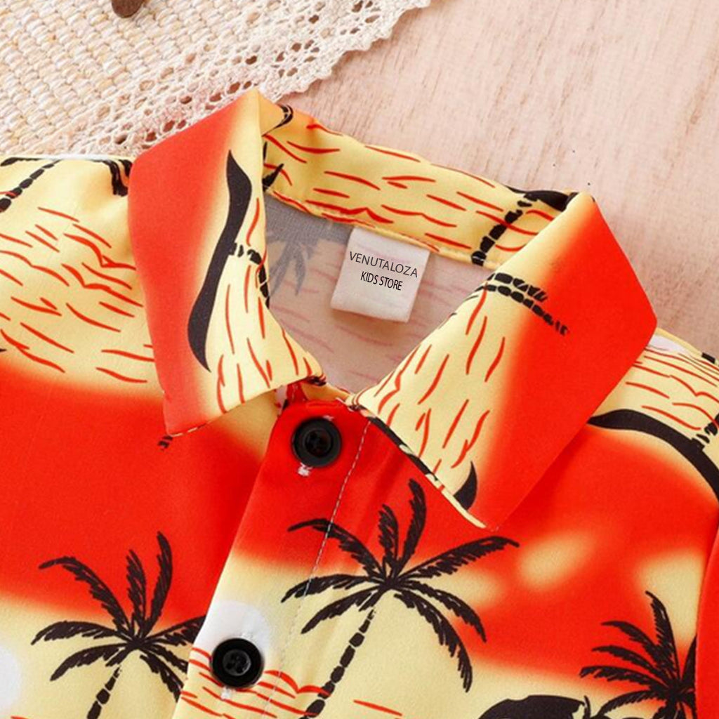 Venutaloza Stylish Kid's Sunshine Tropical Print Shirt & Shorts Two Piece Set.
