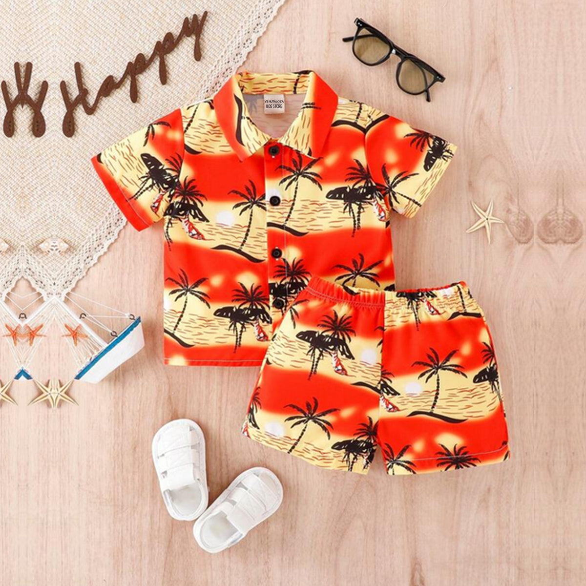 Venutaloza Stylish Kid's Sunshine Tropical Print Shirt & Shorts Two Piece Set.