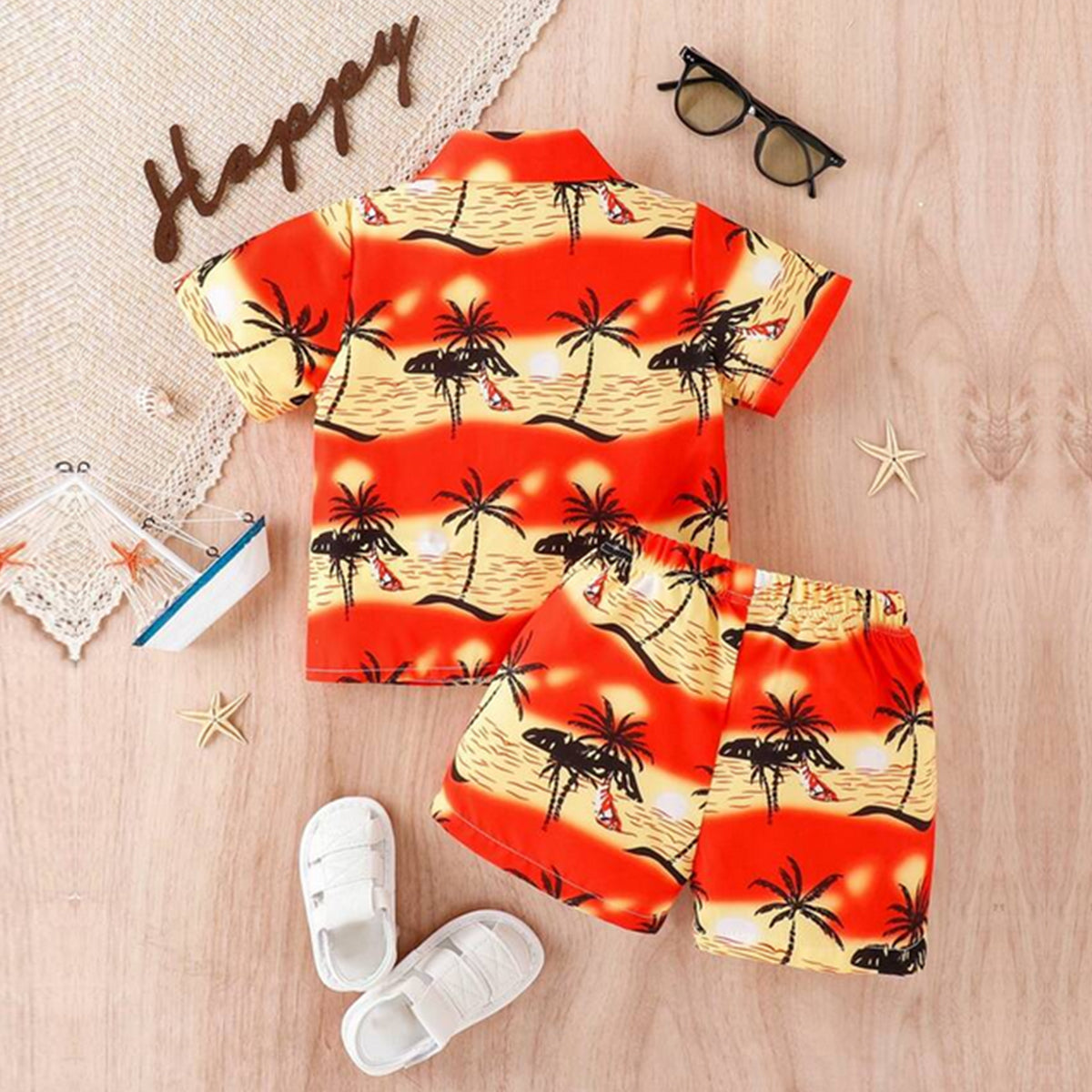Venutaloza Stylish Kid's Sunshine Tropical Print Shirt & Shorts Two Piece Set.