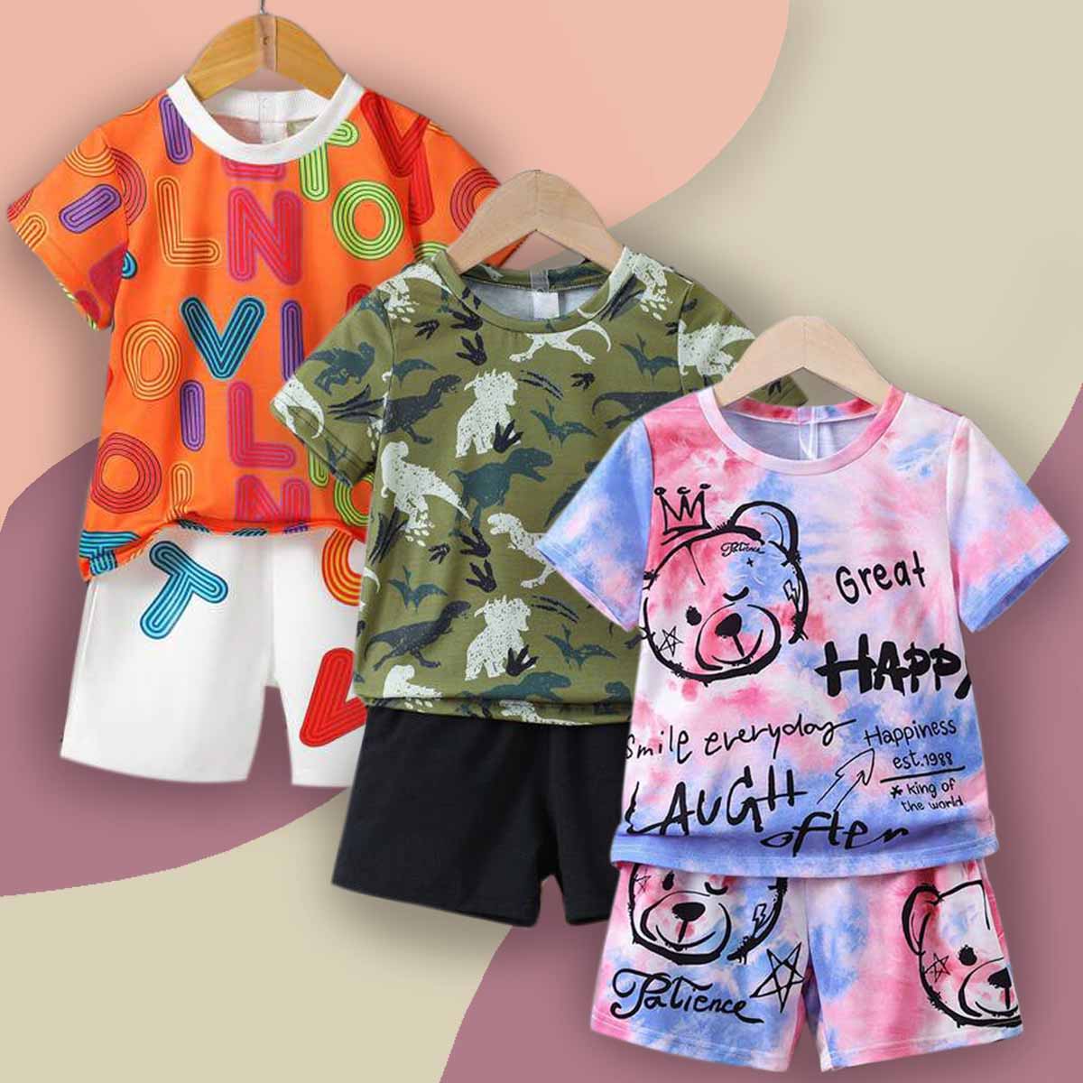 Venutaloza Stylish Baby Set Letters Casual & Hypmev Tie Dye Bear_Dinosaur Two Piece Set (Combo Pack Of 3) T-Shirt & Shorts For Boys.