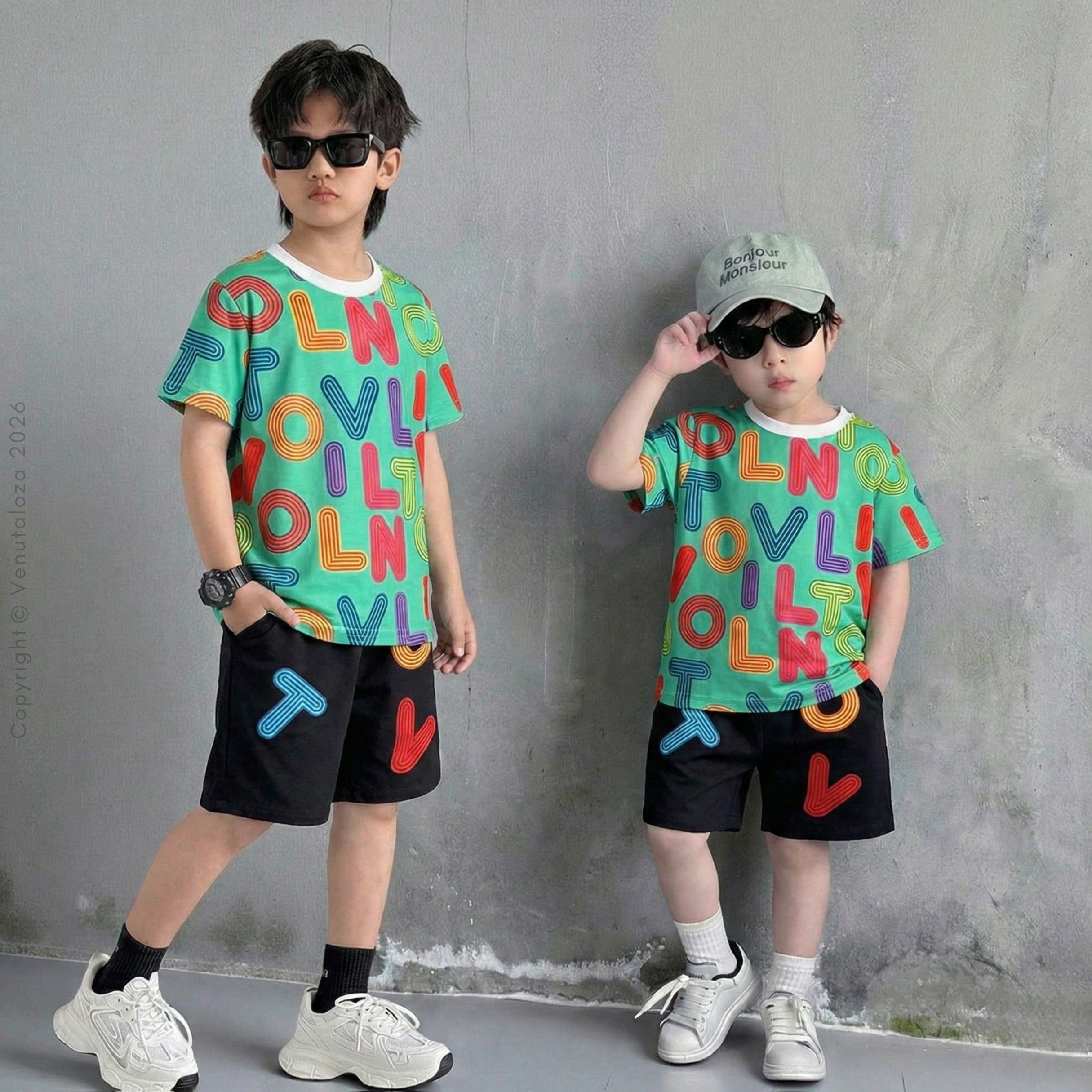 Venutaloza Kids Green Letters Casual T-Shirt & Shorts Two Piece Set For Boys.