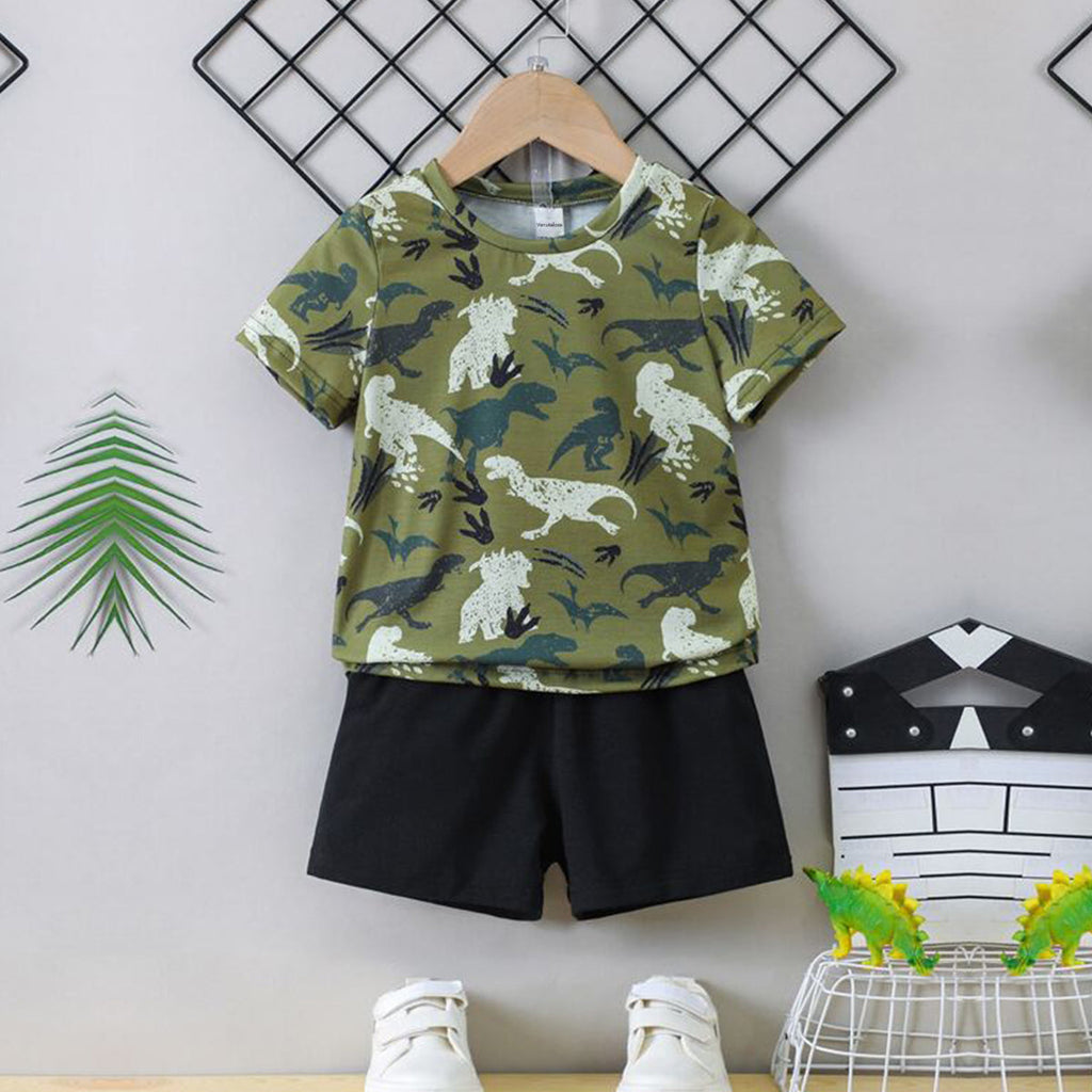 Venutaloza Kids Everyday Dinosaur Casual T-Shirt & Shorts Two Piece Set For Boy Girl.