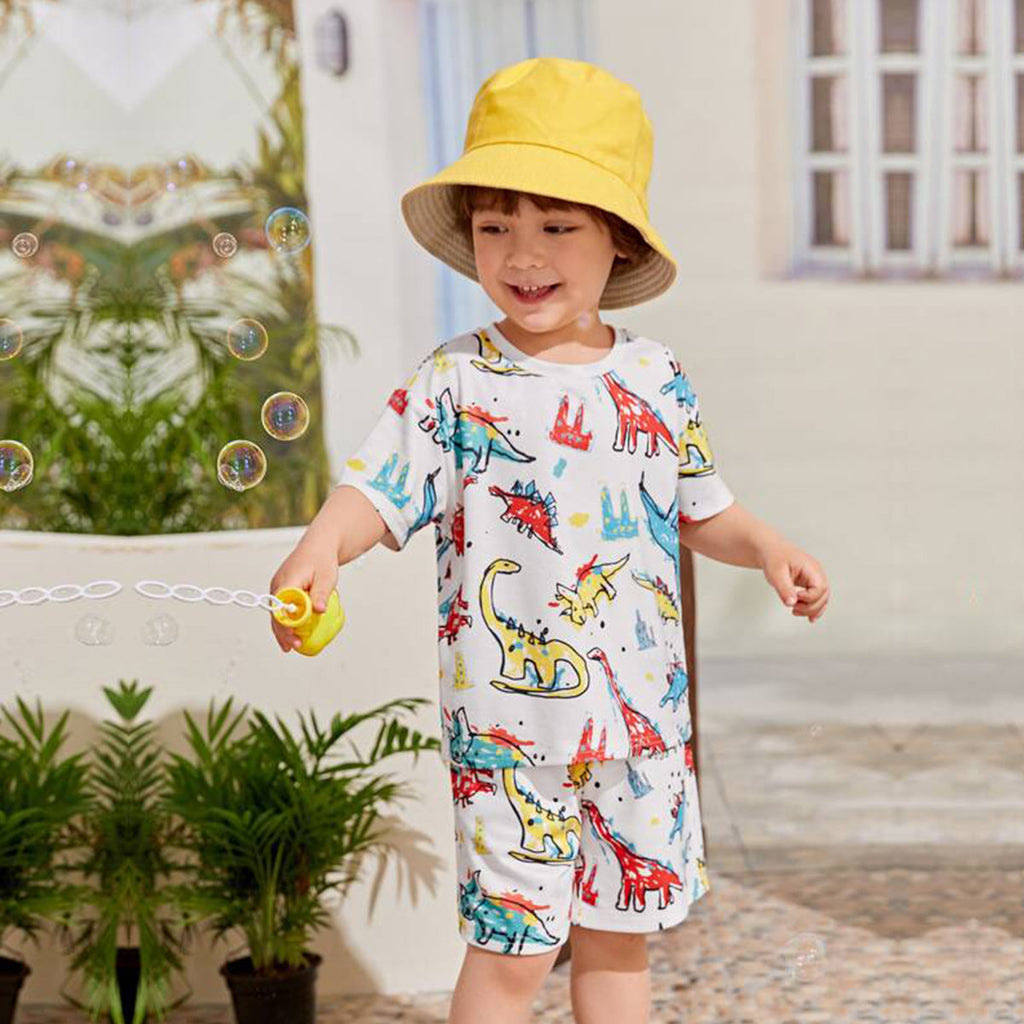Venutaloza Kids Cartoon Dinosaur Letters Casual T-Shirt & Shorts Two Piece Set For unisex.