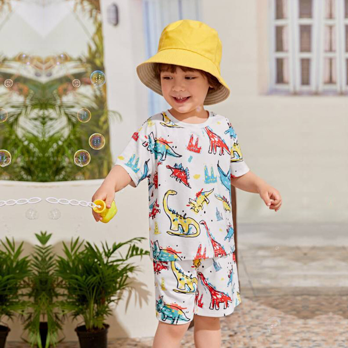 Venutaloza Kids Cartoon Dinosaur Letters Casual T-Shirt & Shorts Two Piece Set For unisex.