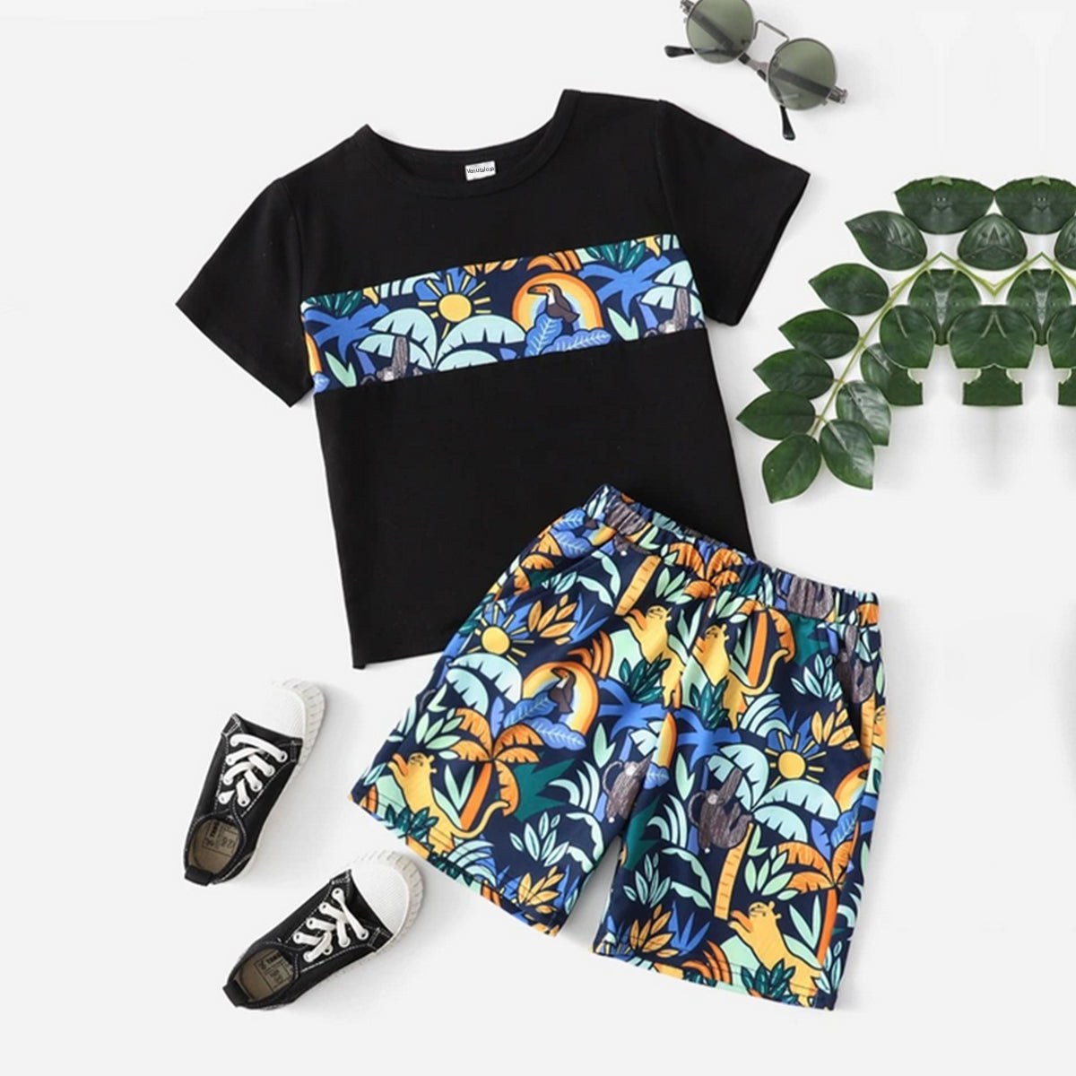 Venutaloza Kids Tropical Casual T-Shirt & Shorts Two Piece Set For Unisex.
