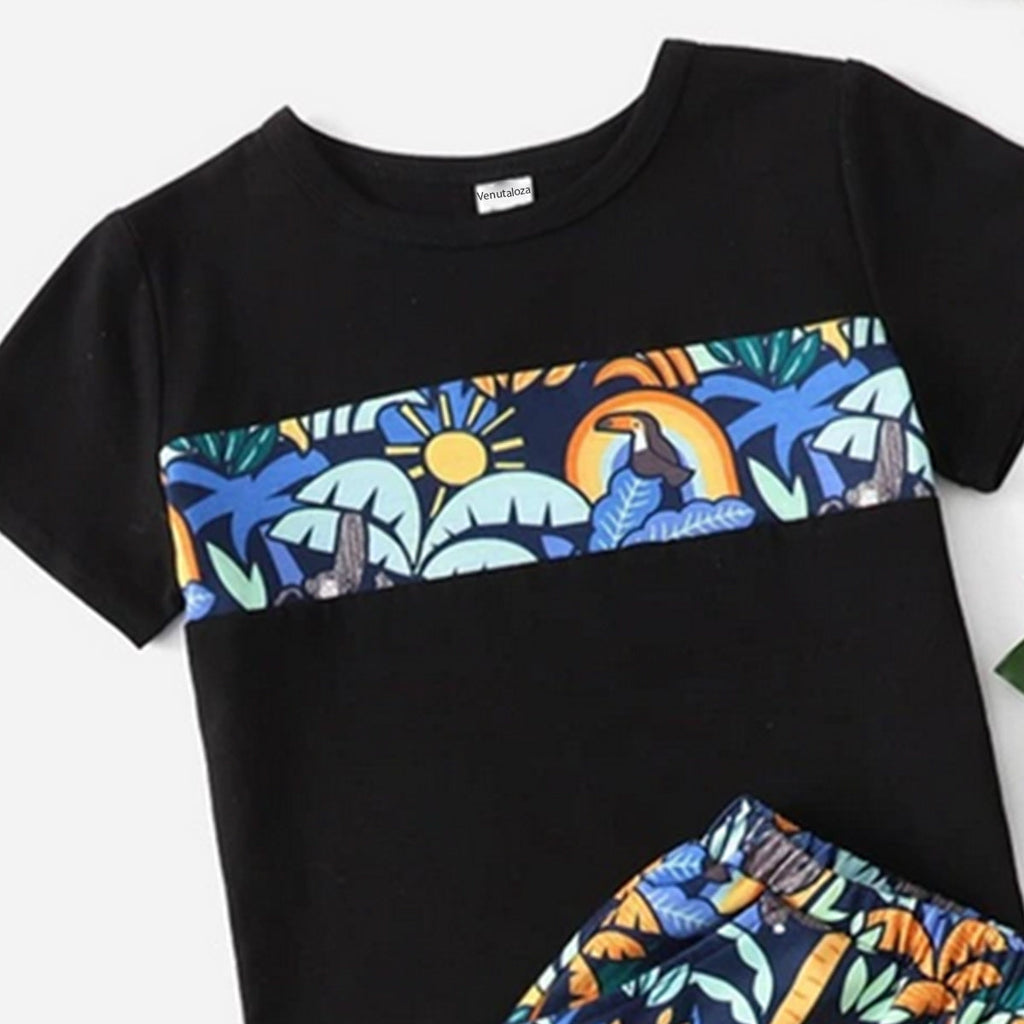 Venutaloza Kids Tropical Casual T-Shirt & Shorts Two Piece Set For Unisex.