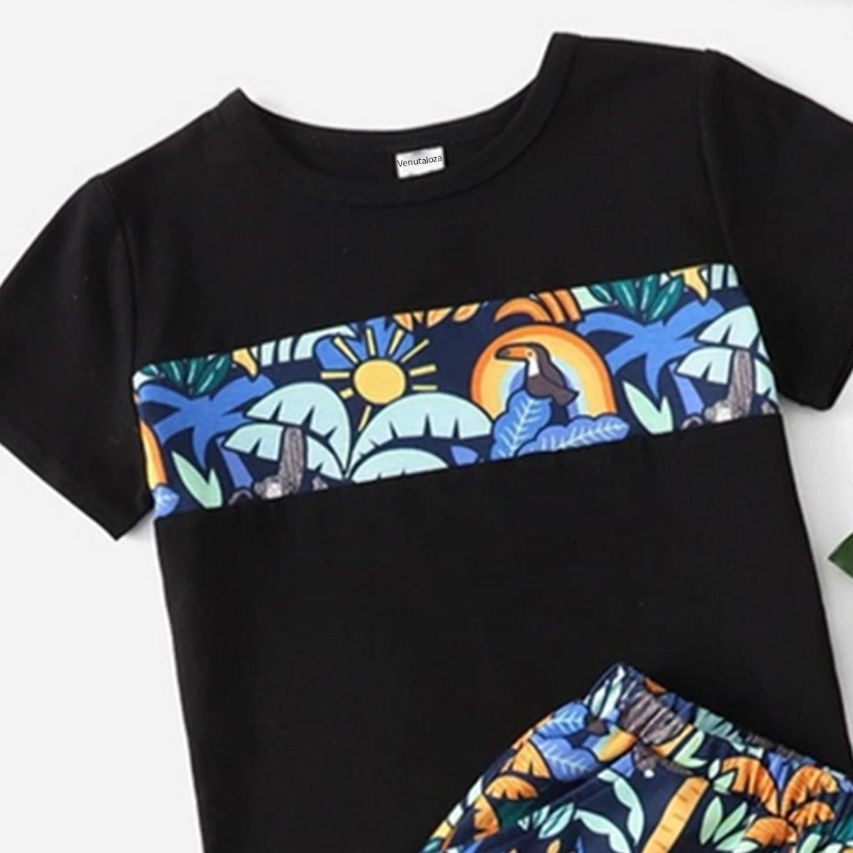 Venutaloza Kids Tropical Casual T-Shirt & Shorts Two Piece Set For Unisex.