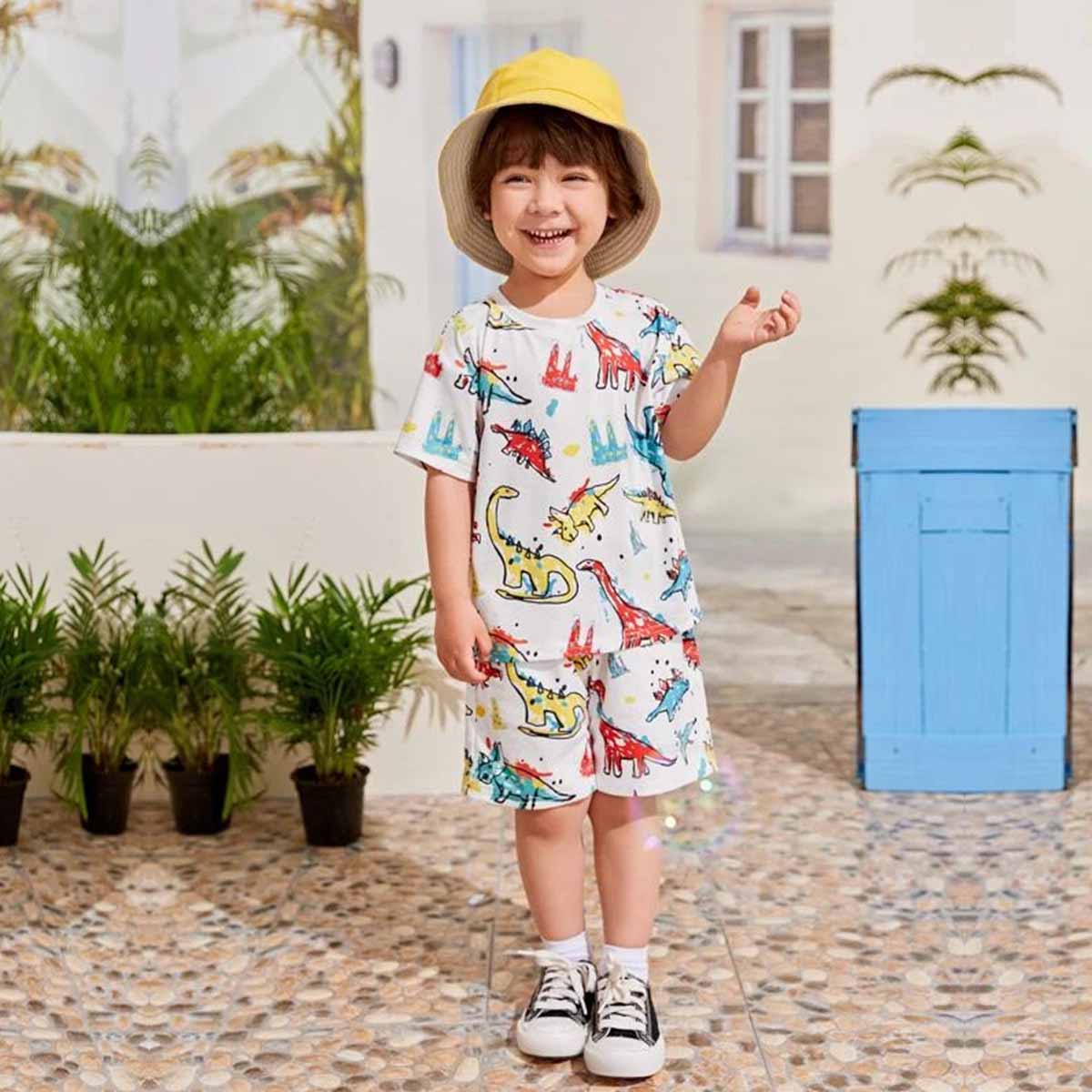 Venutaloza Kids Cartoon Dinosaur Letters Casual T-Shirt & Shorts Two Piece Set For unisex.