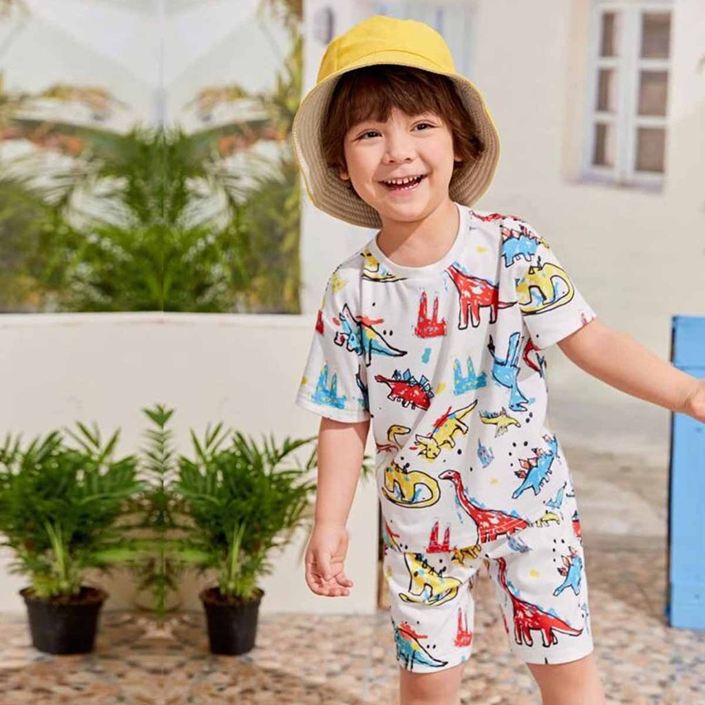 Venutaloza Kids Cartoon Dinosaur Letters Casual T-Shirt & Shorts Two Piece Set For unisex.