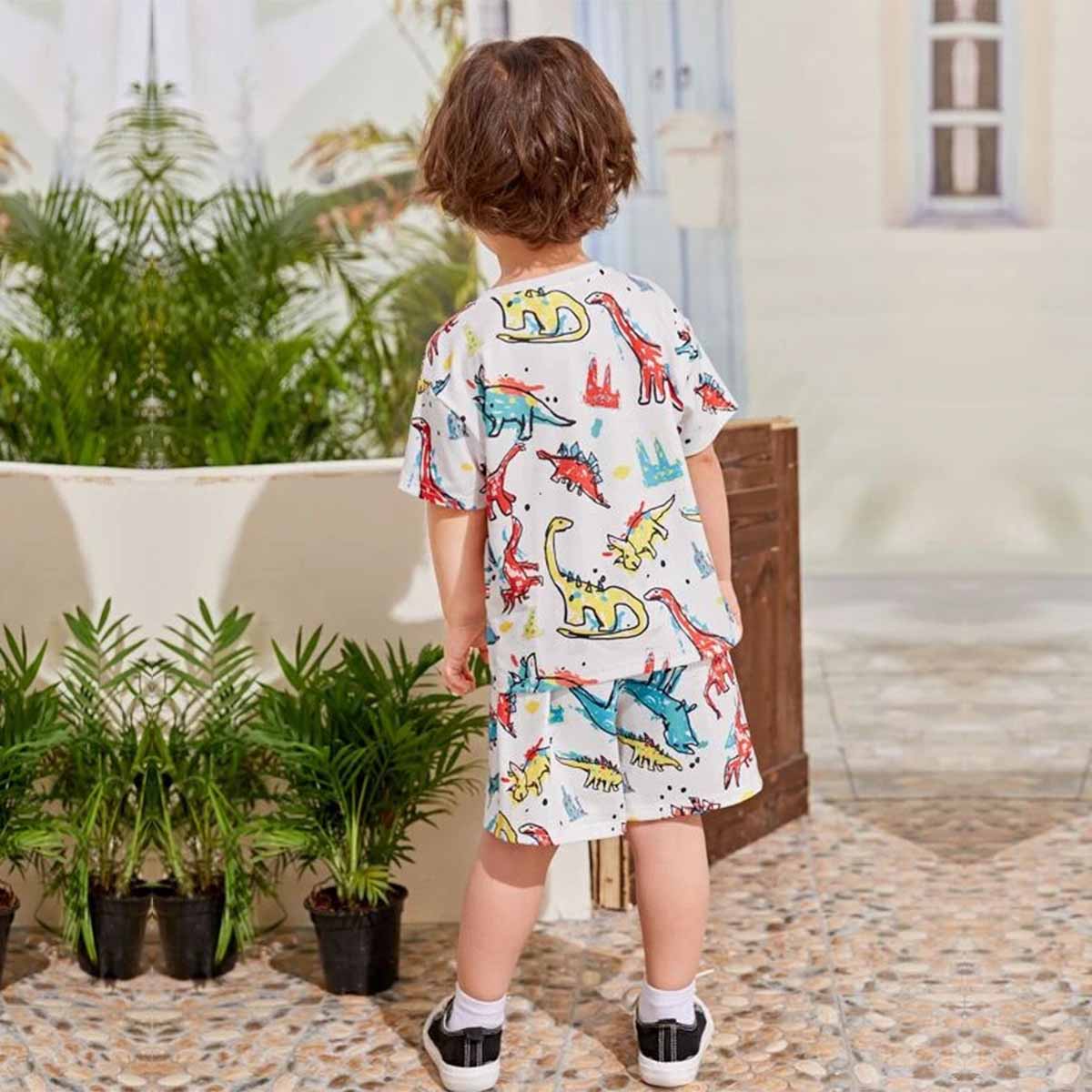 Venutaloza Kids Cartoon Dinosaur Letters Casual T-Shirt & Shorts Two Piece Set For unisex.