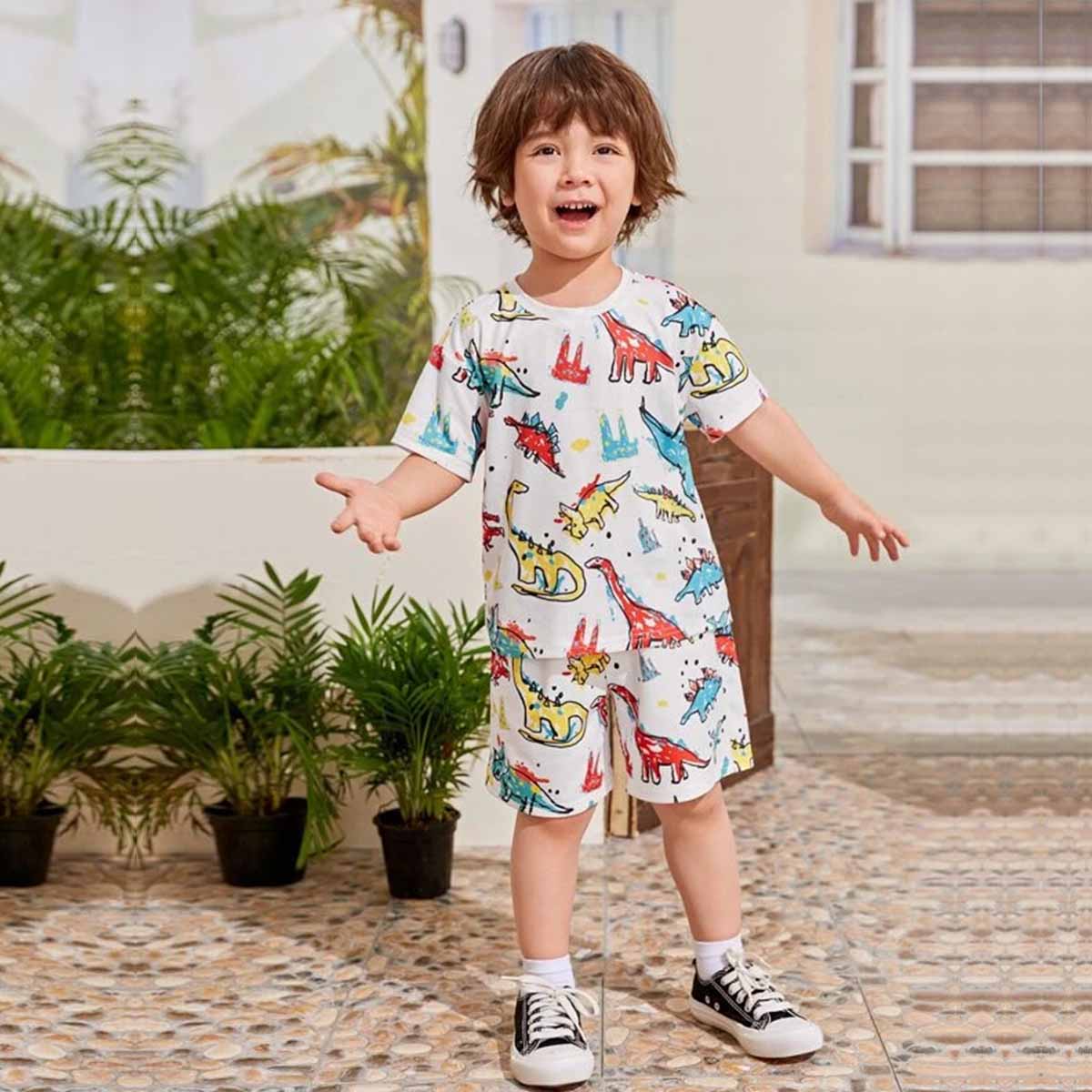 Venutaloza Kids Cartoon Dinosaur Letters Casual T-Shirt & Shorts Two Piece Set For unisex.