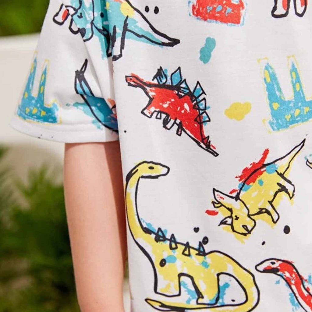 Venutaloza Kids Cartoon Dinosaur Letters Casual T-Shirt & Shorts Two Piece Set For unisex.